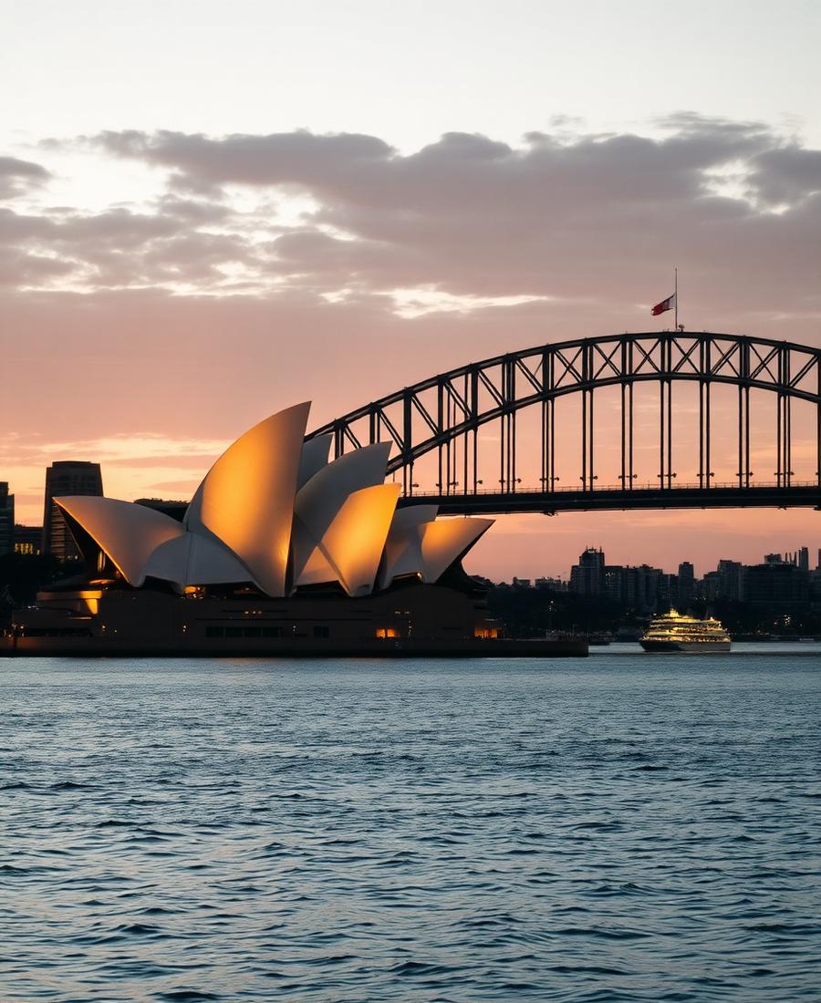 Sydney Opera House dan Harbour Bridge dari tepi pelabuhan saat senja