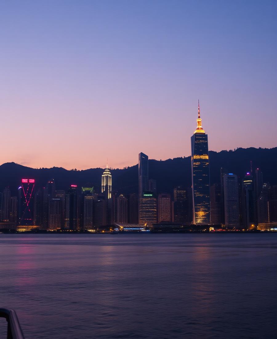 Cakrawala Victoria Harbour Hong Kong saat senja