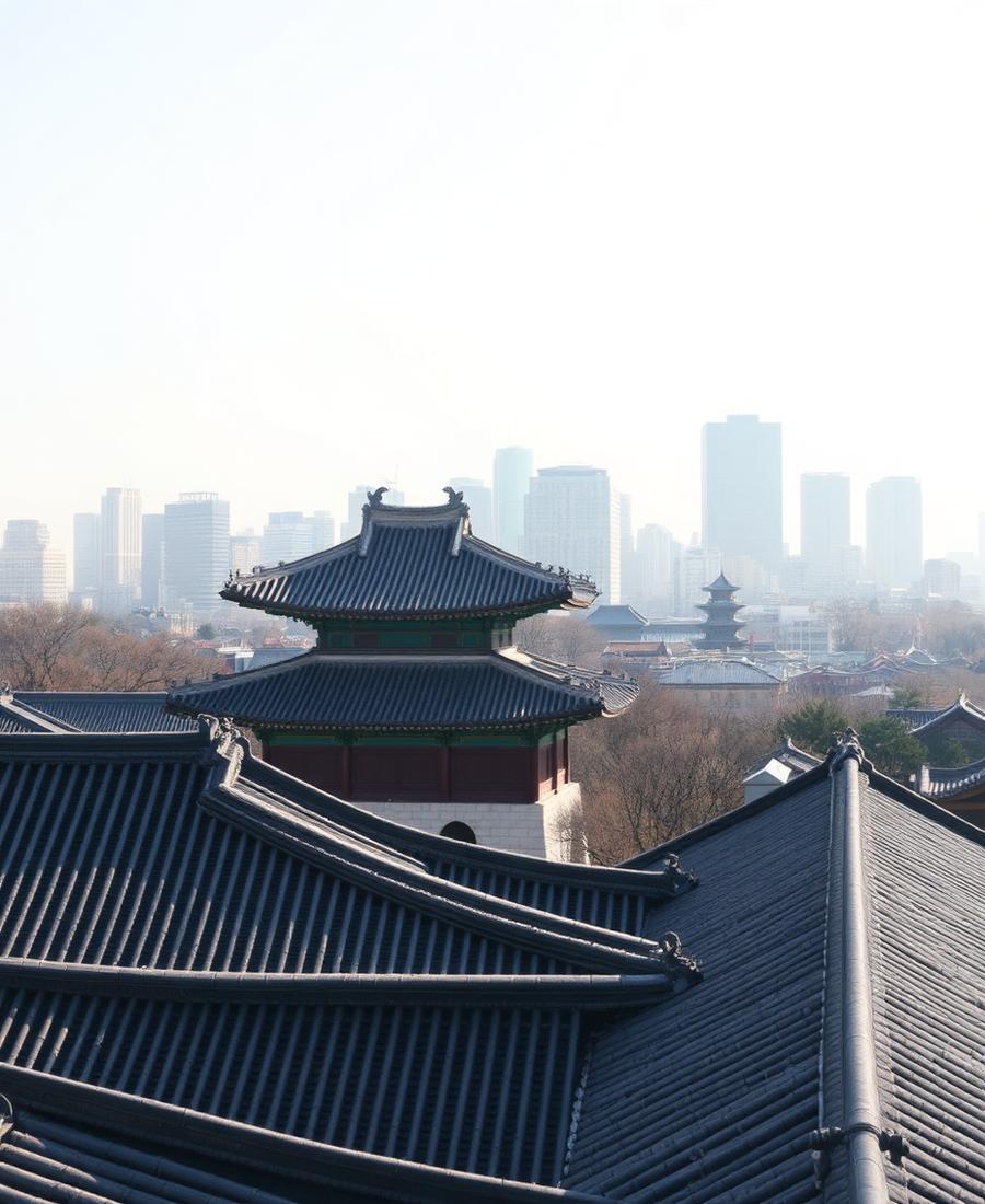 Atap istana tradisional Seoul dengan latar gedung modern