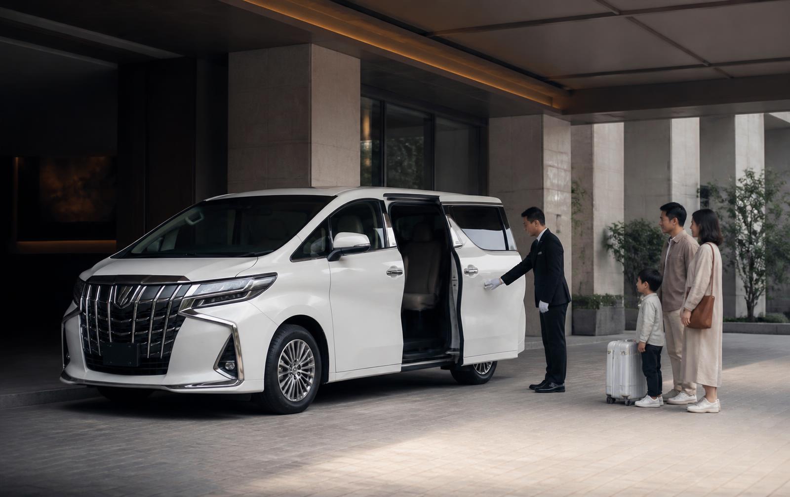 Driver membuka pintu geser MPV premium putih untuk keluarga di lobi hotel